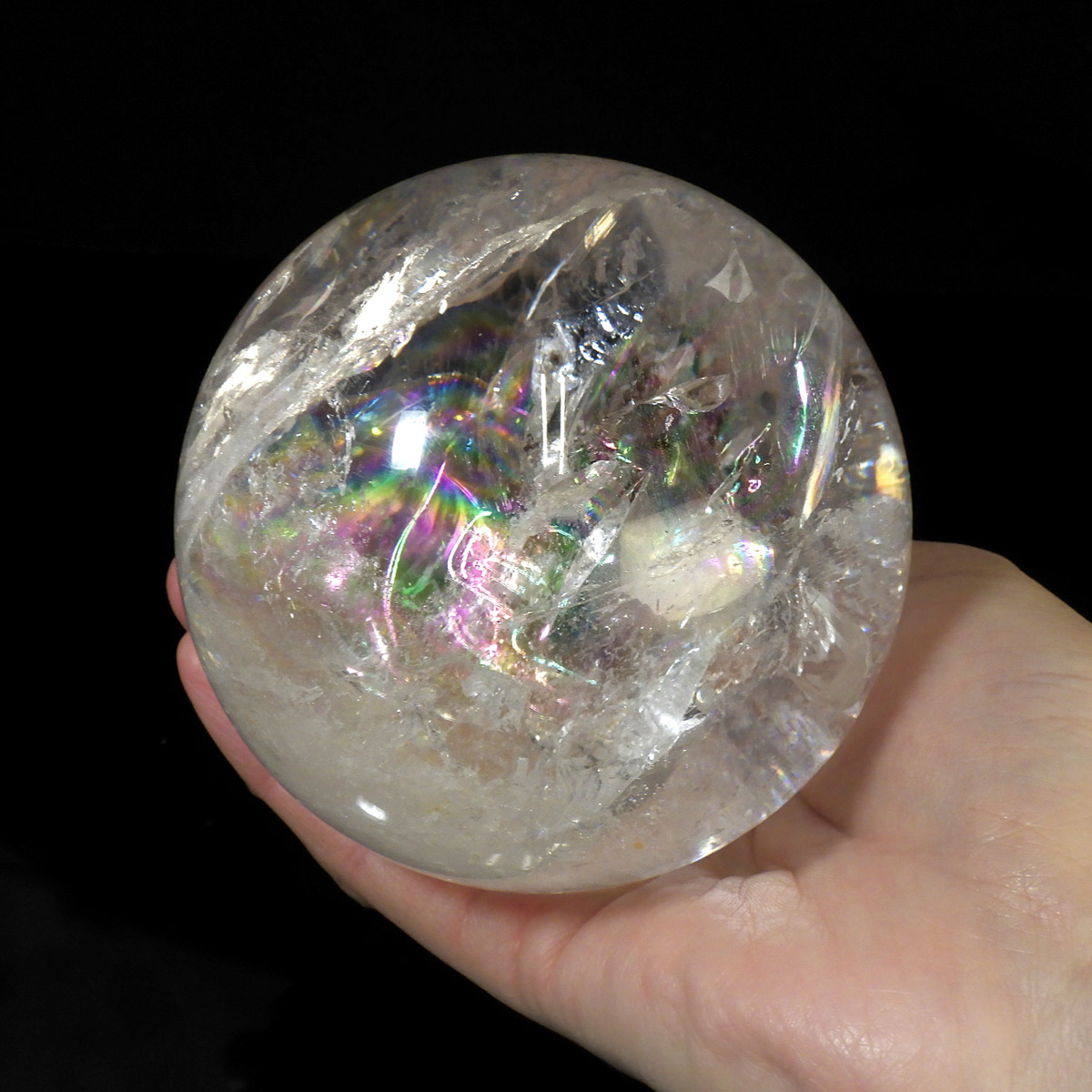 レムリアン水晶球 直径96mm ブラジル産 金属台付き レインボー水晶